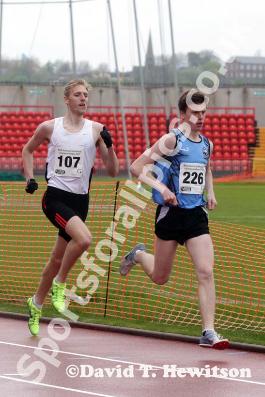 Rory Mudd (Oaklands College) leads Barry Maskell (Gateshead College) during the 1S00 metres, British College Championships, Gateshead International Stadium.